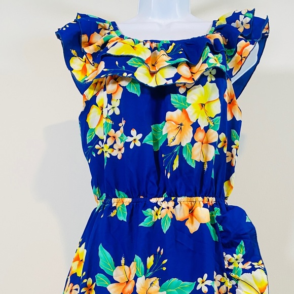 Vintage Blue Hawaiian Print Ruffle Wrap Dress Made in Hawaii Size L - Picture 4 of 11